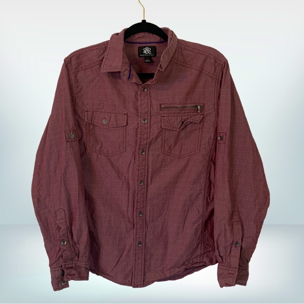 Rock & Republic Burgundy Textured Button Down Long Sleeve Men’s Shirt, size M